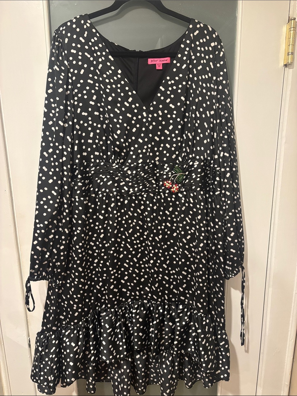 Betsey Johnson Black & White Polka Dot Midi Dress with Floral Belt Accent